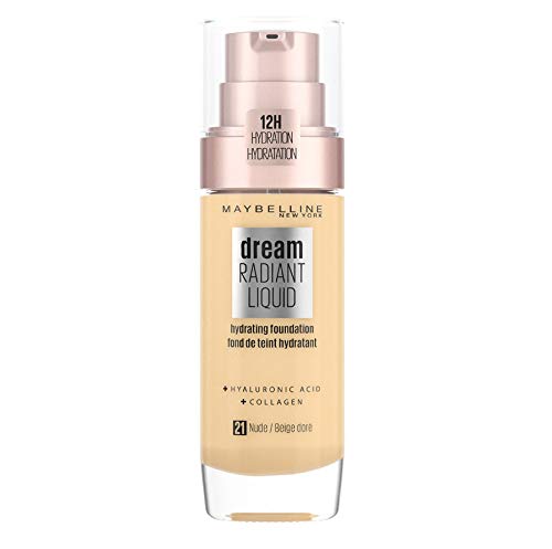 Maybelline Foundation, Dream Radiant Liquid Hydrating Foundation with Hyaluronic Acid and Collagen - Lightweight, Medium Coverage Up to 12 Hour Hydration - 30 Sand