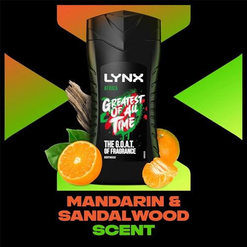 Lynx Africa Body Wash with 12 Hour Refreshing Fragrance Squeezed Mandarin and Sandalwood Scent with Plant-based Moisturizers, 225 ml Bulk Buy 3 Pack