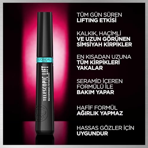 L'Oréal Paris Telescopic Mascara, Long-Lasting 36H Lift, Visible Lash Length Up to +5mm*, No Clumping & No Smudging & No Flaking, Telescopic Lift, Black