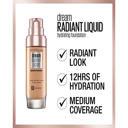 Maybelline Foundation, Dream Radiant Liquid Hydrating Foundation with Hyaluronic Acid and Collagen - Lightweight, Medium Coverage Up to 12 Hour Hydration - 30 Sand