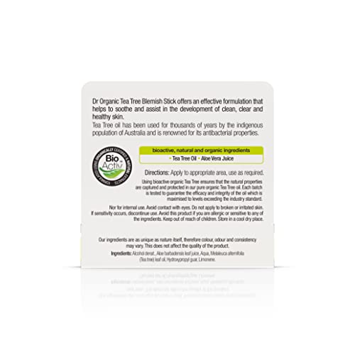 Dr Organic Tea Tree Blemish Stick, Minimise Spots & Reduce Redness, For Acne , Clear Skin, Purifying, Natural, Vegan, Cruelty-Free, Paraben & SLS-Free, Certified Organic, 8ml, Packaging may vary