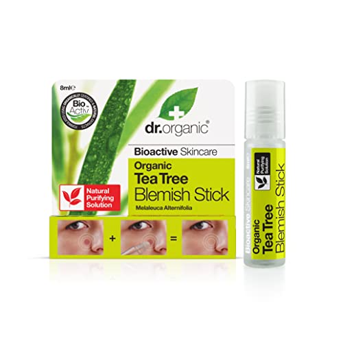 Dr Organic Tea Tree Blemish Stick, Minimise Spots & Reduce Redness, For Acne , Clear Skin, Purifying, Natural, Vegan, Cruelty-Free, Paraben & SLS-Free, Certified Organic, 8ml, Packaging may vary