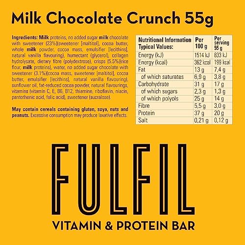 Fulfil Vitamin and Protein Bar (15 x 55 g Bars), Milk Chocolate Crunch Flavour, 20 g High Protein, 9 Vitamins, Low Sugar