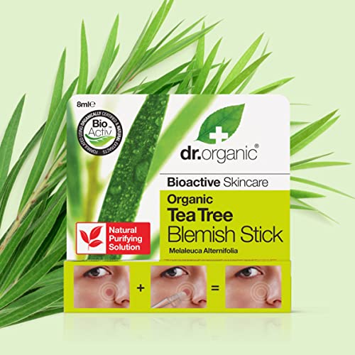 Dr Organic Tea Tree Blemish Stick, Minimise Spots & Reduce Redness, For Acne , Clear Skin, Purifying, Natural, Vegan, Cruelty-Free, Paraben & SLS-Free, Certified Organic, 8ml, Packaging may vary