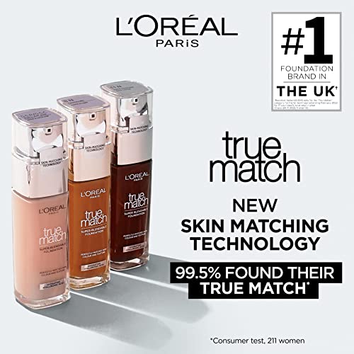 L'Oreal Paris True Match Liquid Foundation, Skincare Infused with Hyaluronic Acid, SPF 17, Available in 40 Shades, 6.5W Golden Toffee, 30 ml