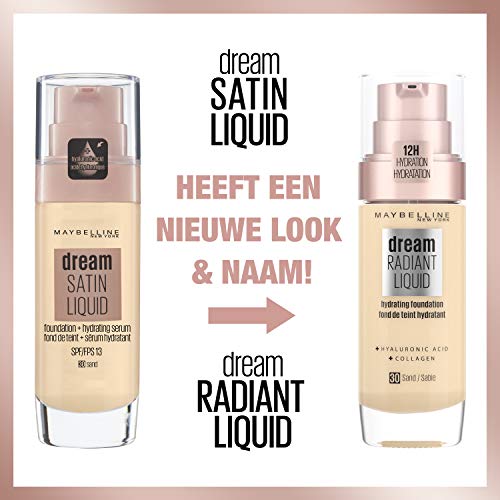 Maybelline Foundation, Dream Radiant Liquid Hydrating Foundation with Hyaluronic Acid and Collagen - Lightweight, Medium Coverage Up to 12 Hour Hydration - 30 Sand