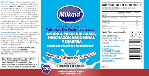 Milkaid Lactase Enzyme Chewable Tablets for Lactose Intolerance Relief | Prevents Gas, Bloating & Diarrhoea | Fast Acting Dairy Digestive Supplement | Gluten Free & Vegan | 120 tablets