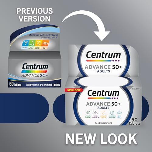 Centrum Advance 50+ Multivitamin Tablets for Men and Women, Vitamins with 24 Essential Nutrients including Vitamin C, D and Zinc, 60 ct (Packaging and Tablet colour may vary slightly)