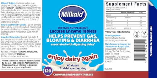 Milkaid Lactase Enzyme Chewable Tablets for Lactose Intolerance Relief | Prevents Gas, Bloating & Diarrhoea | Fast Acting Dairy Digestive Supplement | Gluten Free & Vegan | 120 tablets