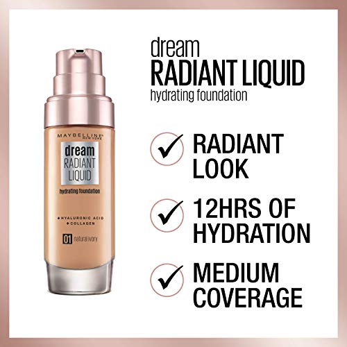 Maybelline Foundation, Dream Radiant Liquid Hydrating Foundation with Hyaluronic Acid and Collagen - Lightweight, Medium Coverage Up to 12 Hour Hydration - 30 Sand