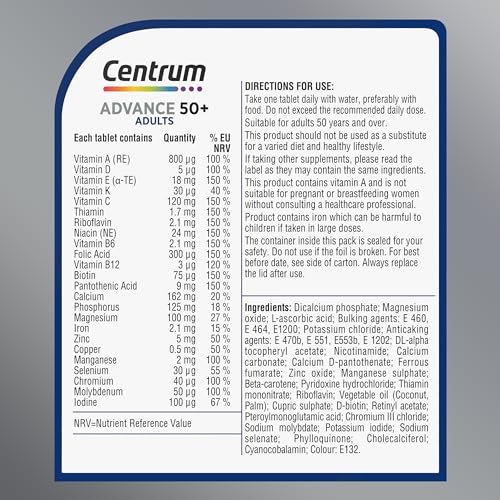 Centrum Advance 50+ Multivitamin Tablets for Men and Women, Vitamins with 24 Essential Nutrients including Vitamin C, D and Zinc, 60 ct (Packaging and Tablet colour may vary slightly)