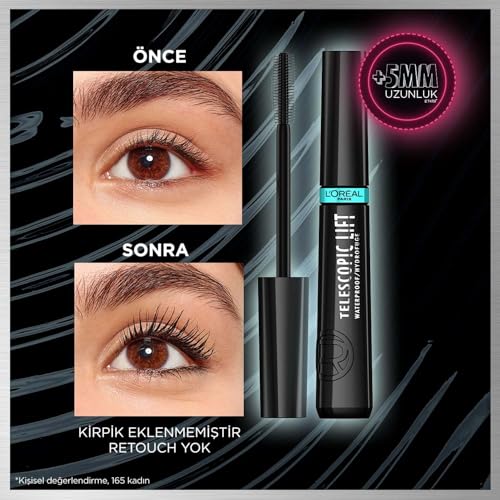 L'Oréal Paris Telescopic Mascara, Long-Lasting 36H Lift, Visible Lash Length Up to +5mm*, No Clumping & No Smudging & No Flaking, Telescopic Lift, Black