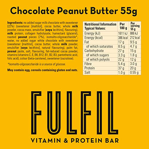 Fulfil Vitamin and Protein Bar (15 x 55 g Bars), Milk Chocolate Crunch Flavour, 20 g High Protein, 9 Vitamins, Low Sugar