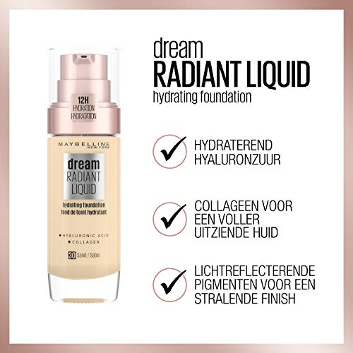 Maybelline Foundation, Dream Radiant Liquid Hydrating Foundation with Hyaluronic Acid and Collagen - Lightweight, Medium Coverage Up to 12 Hour Hydration - 30 Sand