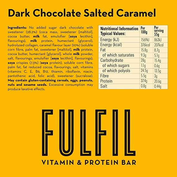 Fulfil Vitamin and Protein Bar (15 x 55 g Bars), Milk Chocolate Crunch Flavour, 20 g High Protein, 9 Vitamins, Low Sugar