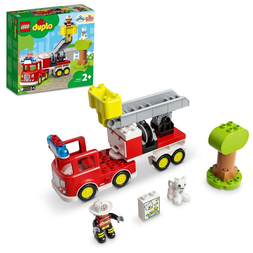 LEGO 10969 DUPLO Town Fire Engine Toy for Toddlers 2 Plus Years Old, Truck with Lights and Siren, Firefighter & Cat Figures, Learning Toys