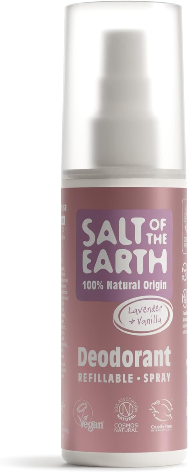 Salt of the Earth – Refillable Natural Deodorant Spray – 100% Natural Origin Ingredients - Vegan, Long Lasting Protection – Suitable For Women, Men & Kids - 100ml (Lavender & Vanilla)