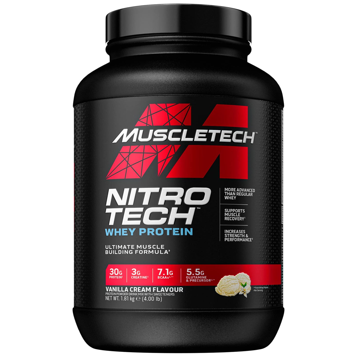 MuscleTech NitroTech Whey Protein Powder, Muscle Maintenance & Growth, Whey Isolate Protein Powder With 3g Creatine, Protein Shake For Men & Women, 6.8g BCAA, 40 Servings, 1.8g, Vanilla Cream