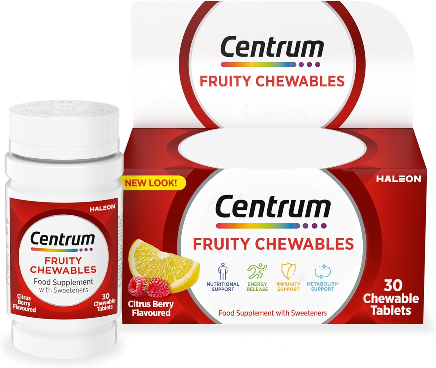 Centrum Fruity Chewables Tablets, Multivitamin Tablets for Men and Women, Vitamins with 13 Essential Nutrients including Vitamin C, D, and Zinc, 30 ct (Packaging and Tablet colour may vary slightly)