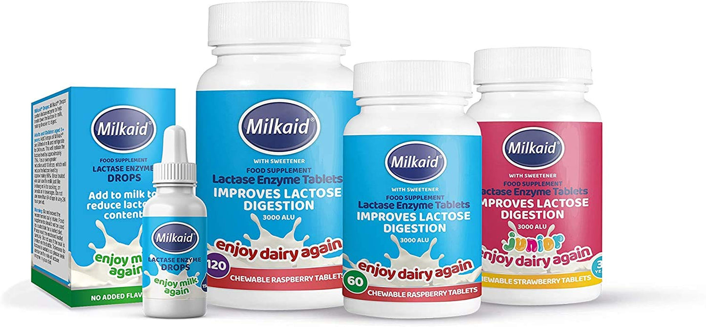 Milkaid Lactase Enzyme Chewable Tablets for Lactose Intolerance Relief | Prevents Gas, Bloating & Diarrhoea | Fast Acting Dairy Digestive Supplement | Gluten Free & Vegan | 120 tablets