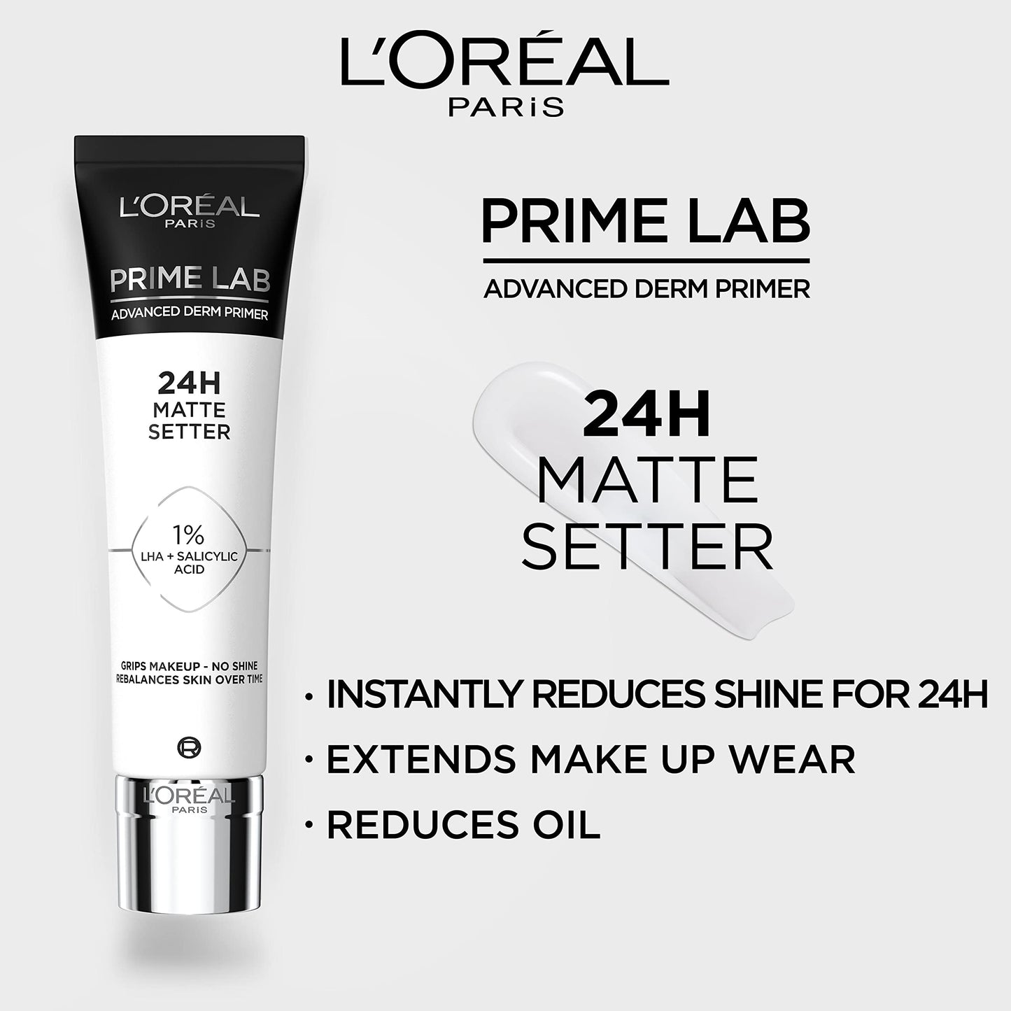 L'Oréal Paris Matte Setter Primer, Matte Finish, Extends Makeup Wear, Advanced Derm Primer, Grips Makeup, No Shine, Prime Lab, 30ml