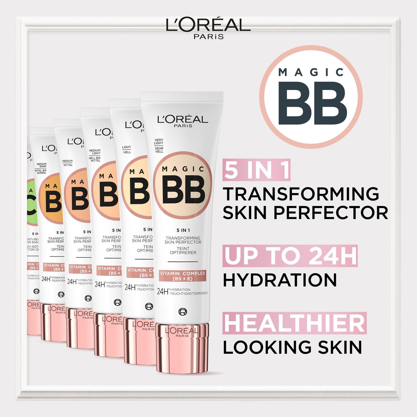 L'Oréal Paris Magic BB Cream with SPF 20, 5-in-1 Skin Tint with Vitamin B5 and Vitamin E, Lightweight Hydrating Formula Adapts to Skin Tone for a Natural Glowy Finish, 30 ml, Shade: 04 Medium