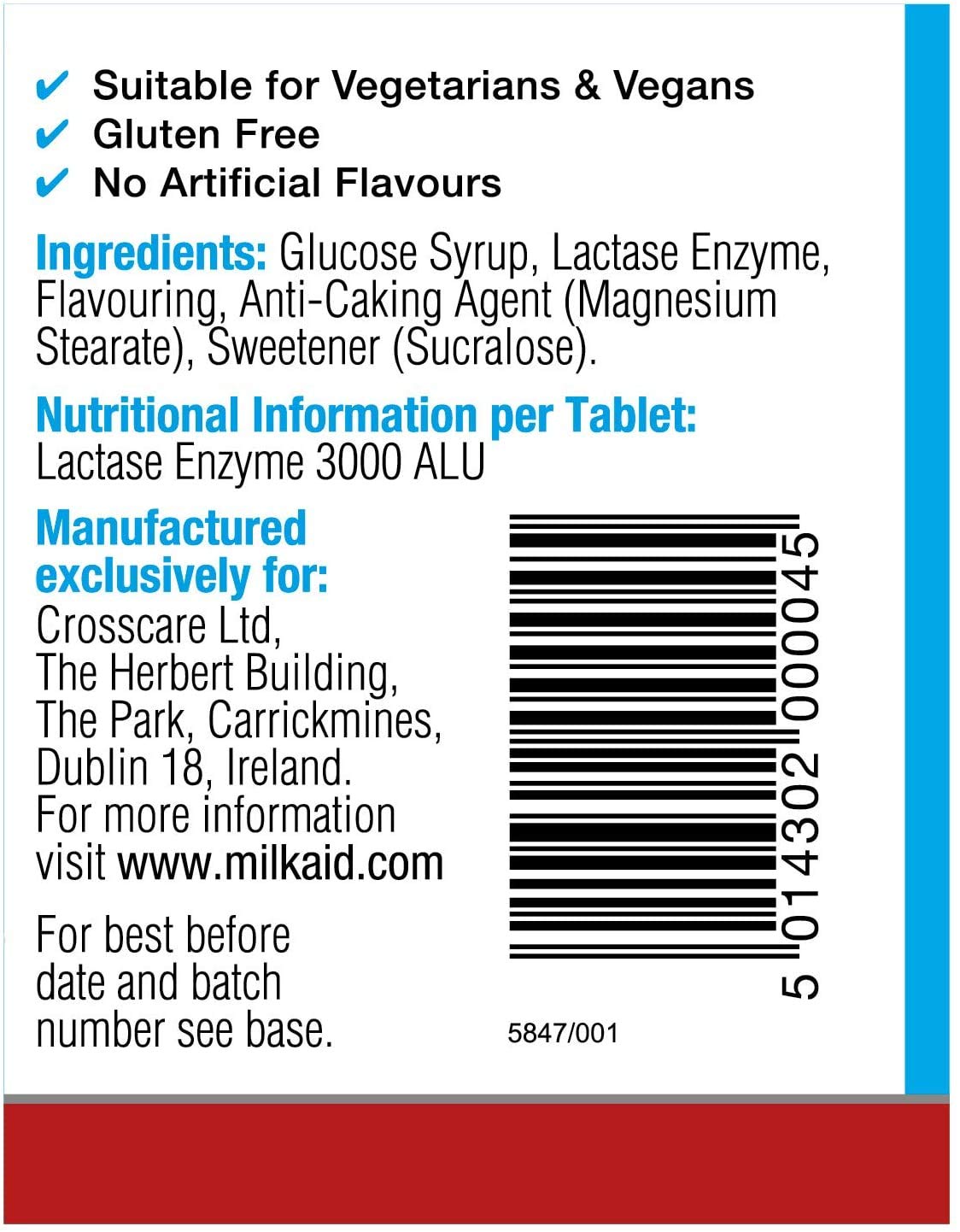 Milkaid Lactase Enzyme Chewable Tablets for Lactose Intolerance Relief | Prevents Gas, Bloating & Diarrhoea | Fast Acting Dairy Digestive Supplement | Gluten Free & Vegan | 120 tablets