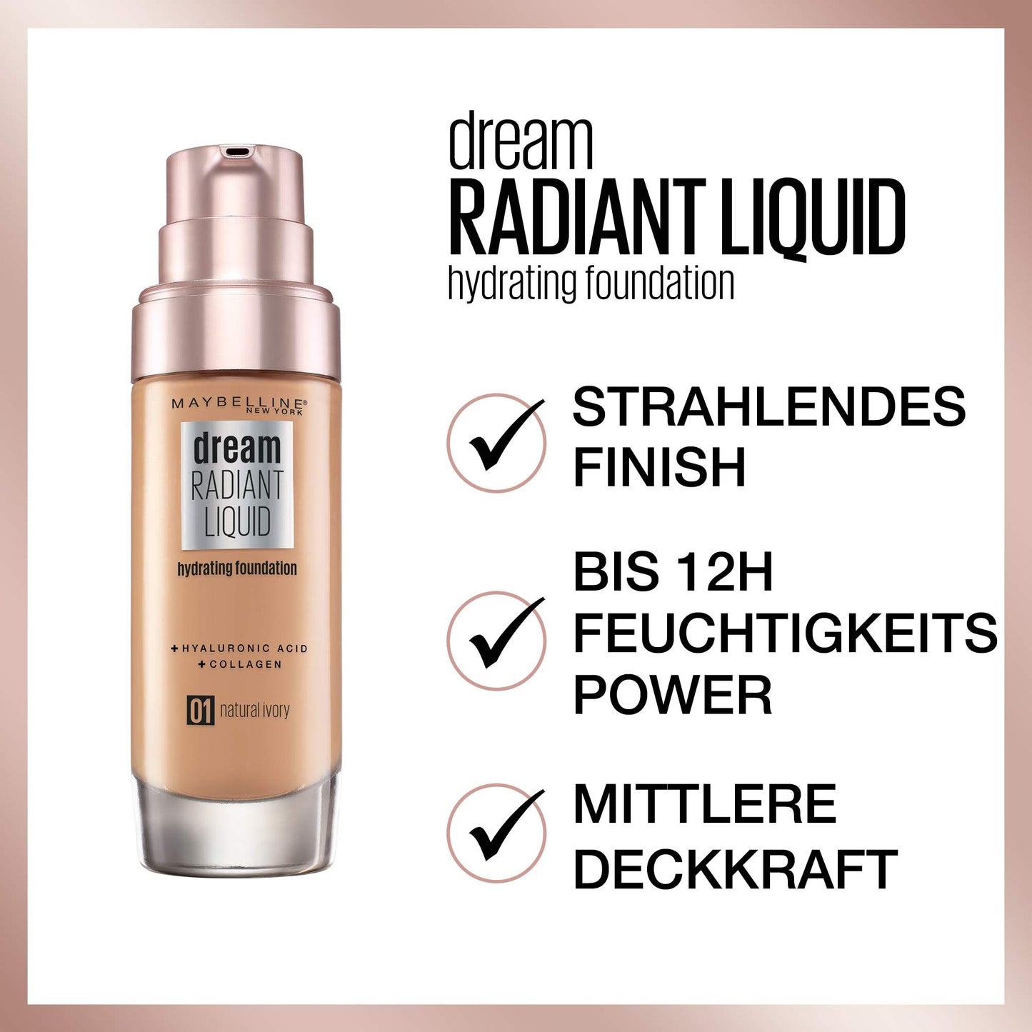 Maybelline Foundation, Dream Radiant Liquid Hydrating Foundation with Hyaluronic Acid and Collagen - Lightweight, Medium Coverage Up to 12 Hour Hydration - 30 Sand