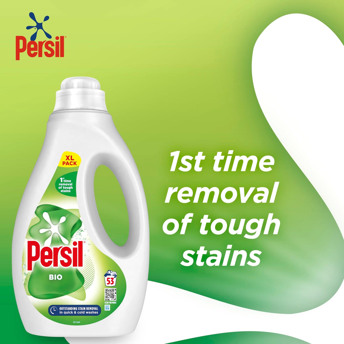 Persil Bio Laundry Washing Liquid Detergent 1st time removal of tough stains outstanding stain removal in quick & cold washes 53 washes (1.431 L)