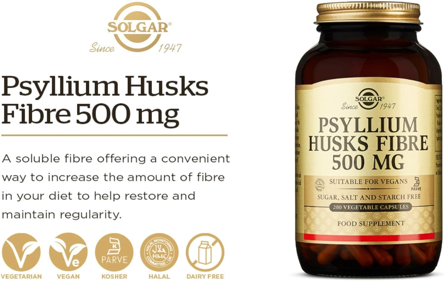 Solgar Psyllium Husks Fibre 500 mg Vegetable Capsules - Pack of 200 - High in Soluble Fibre - Vegan