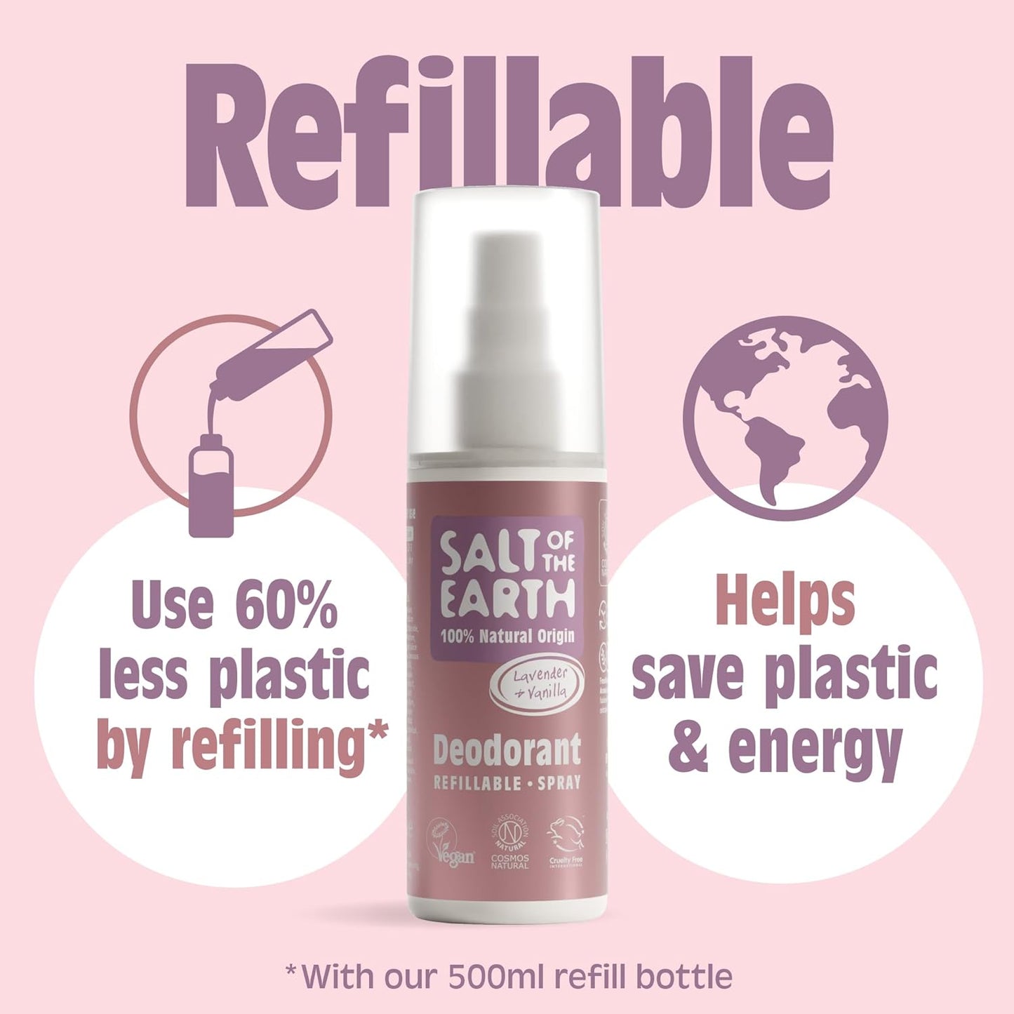 Salt of the Earth – Refillable Natural Deodorant Spray – 100% Natural Origin Ingredients - Vegan, Long Lasting Protection – Suitable For Women, Men & Kids - 100ml (Lavender & Vanilla)