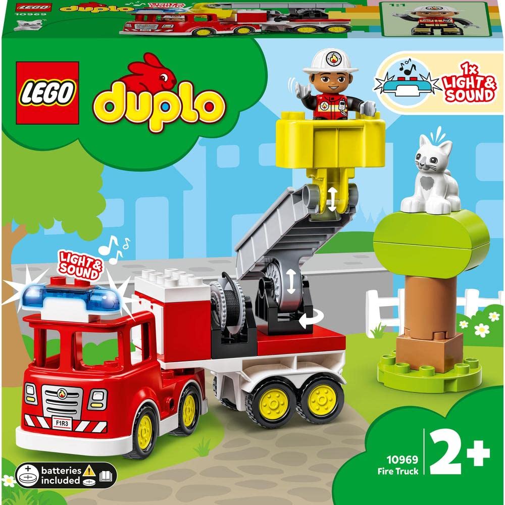 LEGO 10969 DUPLO Town Fire Engine Toy for Toddlers 2 Plus Years Old, Truck with Lights and Siren, Firefighter & Cat Figures, Learning Toys