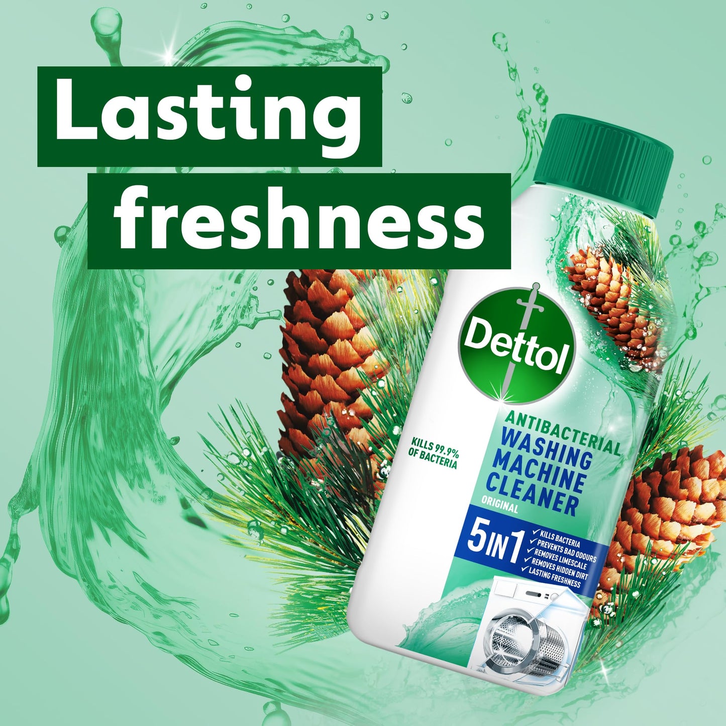 Dettol Washing Machine Cleaner, Original Fresh, 250ml, Laundry, Antibacterial, Disinfectant, Deep Clean Washing Machine, Removes Limescale Odours and Dirt, Descaler