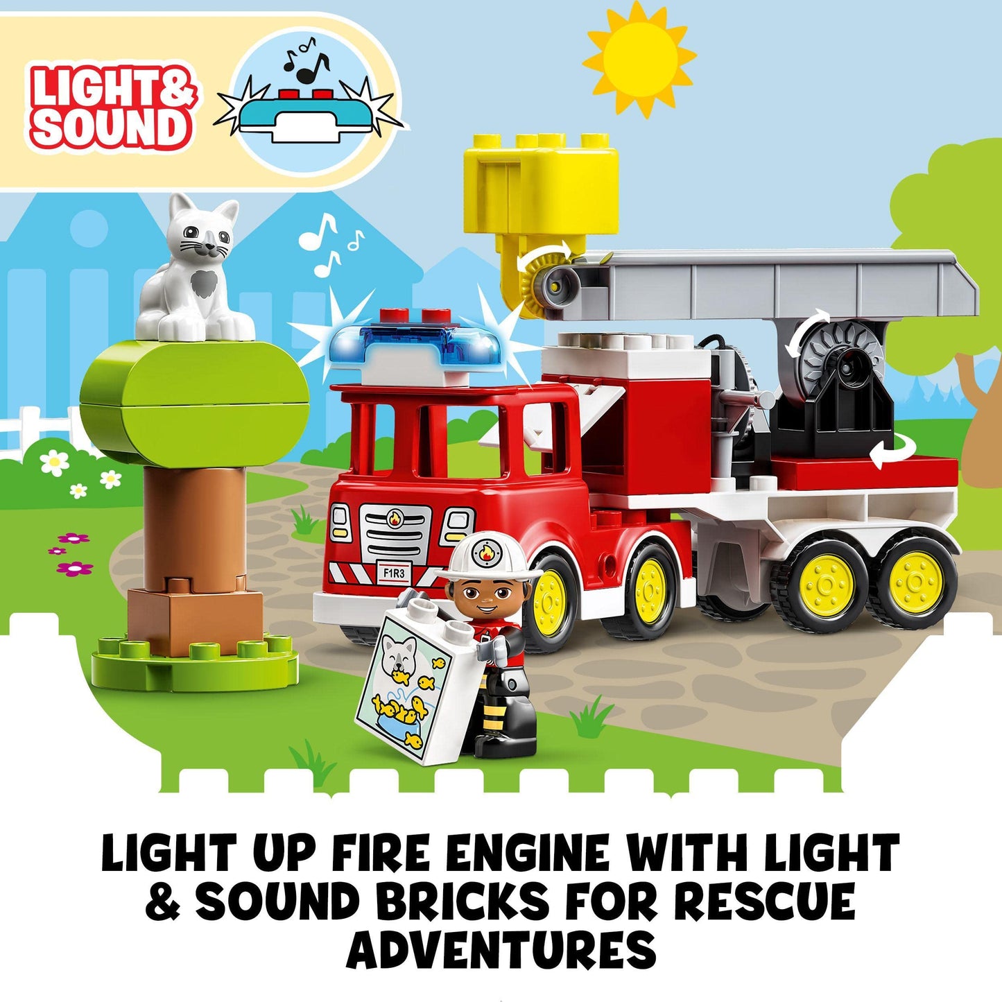 LEGO 10969 DUPLO Town Fire Engine Toy for Toddlers 2 Plus Years Old, Truck with Lights and Siren, Firefighter & Cat Figures, Learning Toys