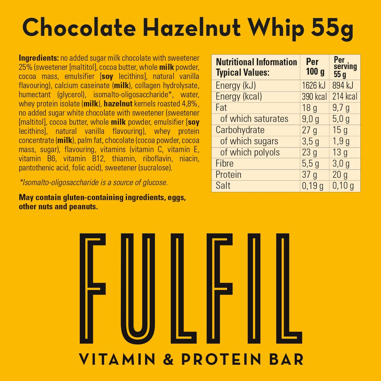 Fulfil Vitamin and Protein Bar (15 x 55 g Bars), Milk Chocolate Crunch Flavour, 20 g High Protein, 9 Vitamins, Low Sugar