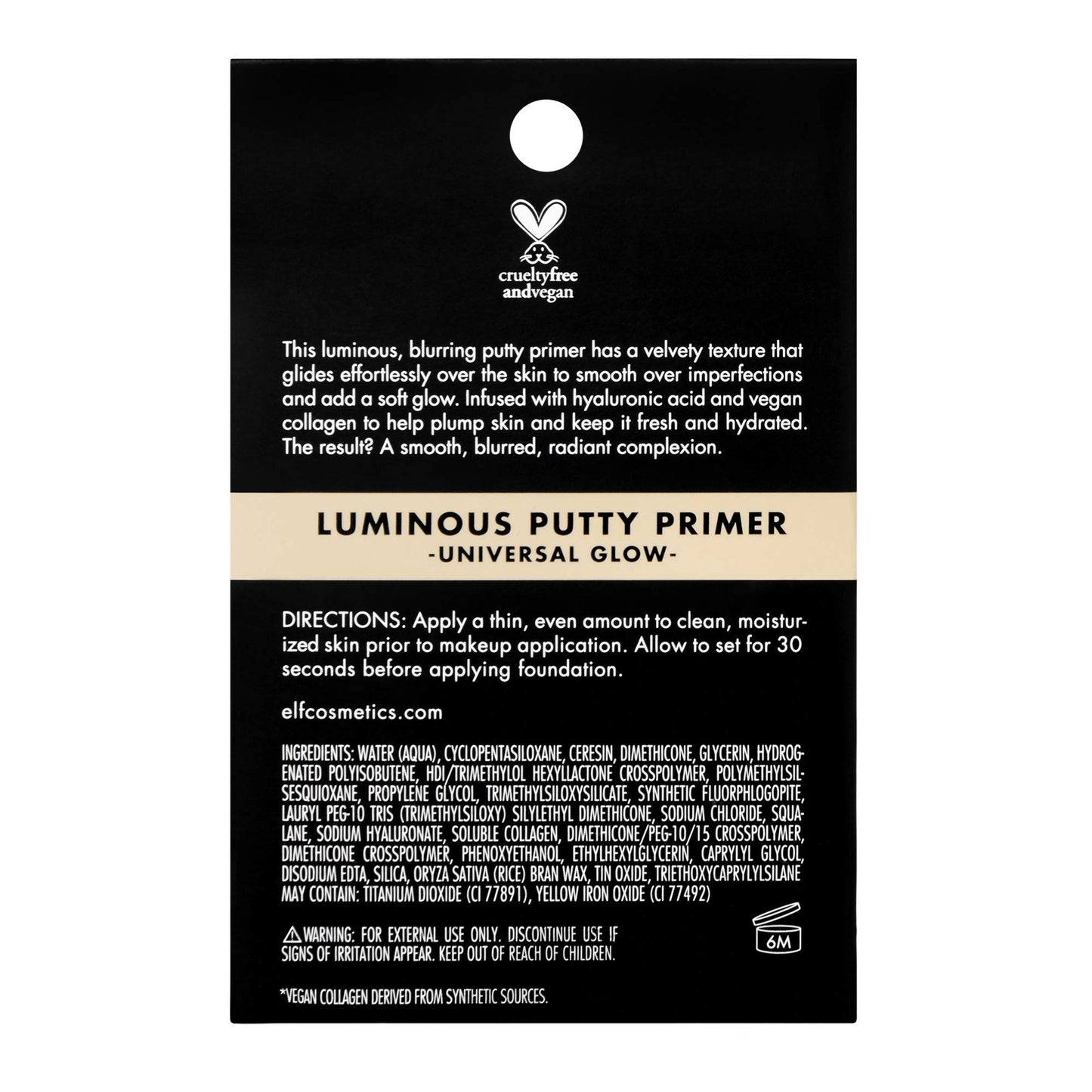 e.l.f, Luminous Putty Primer, Skin Perfecting, Lightweight, Silky, Long Lasting, Hydrates, Creates a Smooth Base, Illuminates, Plumps, Infused with hyaluronic acid and vegan collagen, 21g