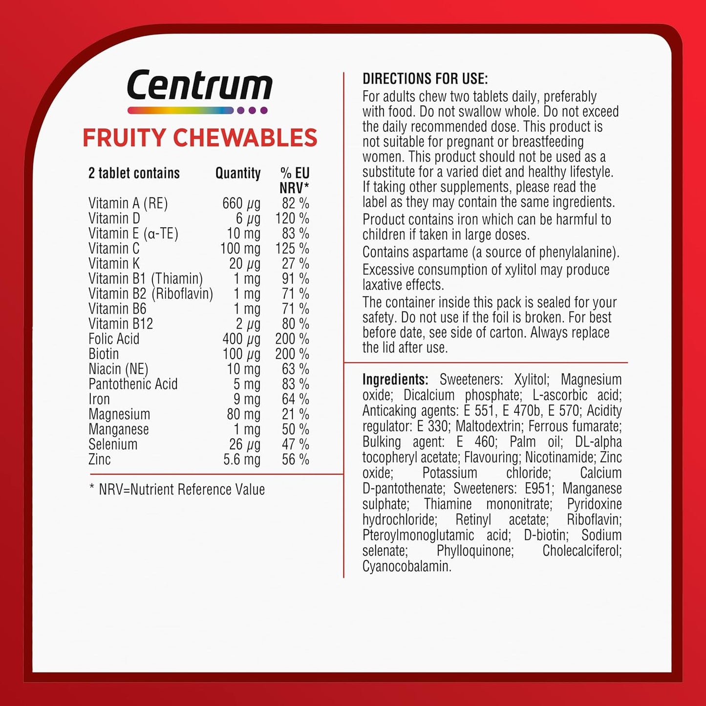 Centrum Fruity Chewables Tablets, Multivitamin Tablets for Men and Women, Vitamins with 13 Essential Nutrients including Vitamin C, D, and Zinc, 30 ct (Packaging and Tablet colour may vary slightly)