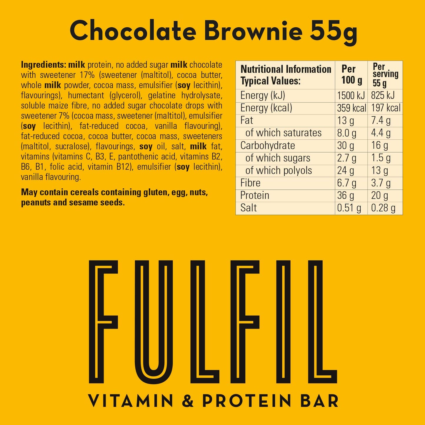 Fulfil Vitamin and Protein Bar (15 x 55 g Bars), Milk Chocolate Crunch Flavour, 20 g High Protein, 9 Vitamins, Low Sugar