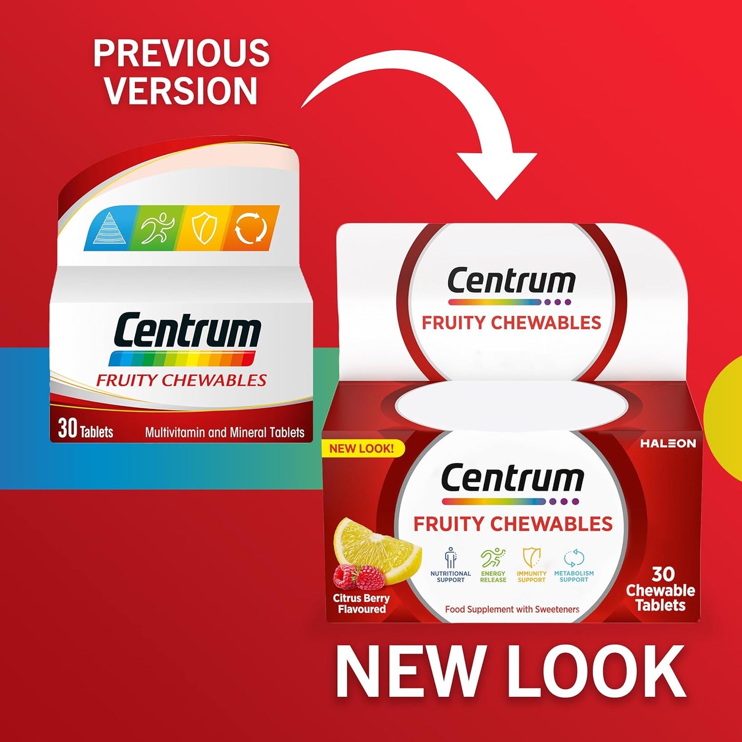 Centrum Fruity Chewables Tablets, Multivitamin Tablets for Men and Women, Vitamins with 13 Essential Nutrients including Vitamin C, D, and Zinc, 30 ct (Packaging and Tablet colour may vary slightly)