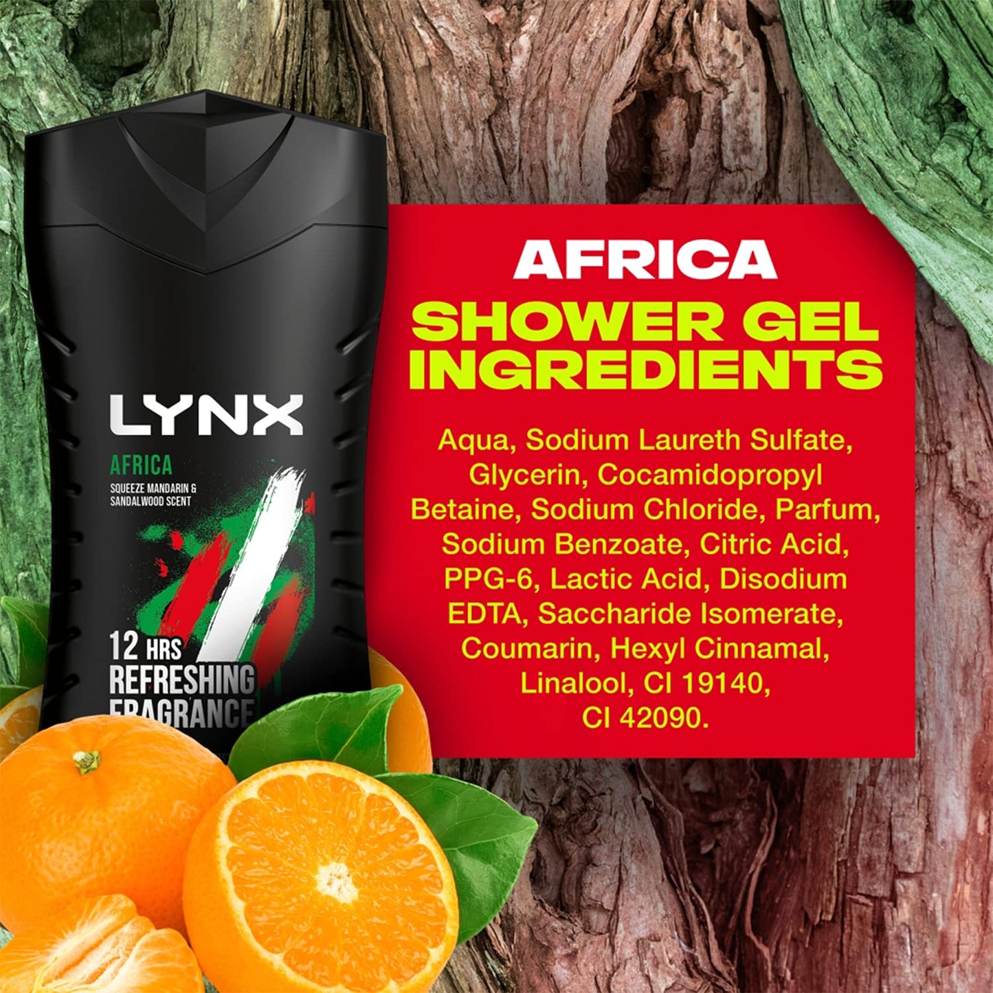 Lynx Africa Body Wash with 12 Hour Refreshing Fragrance Squeezed Mandarin and Sandalwood Scent with Plant-based Moisturizers, 225 ml Bulk Buy 3 Pack