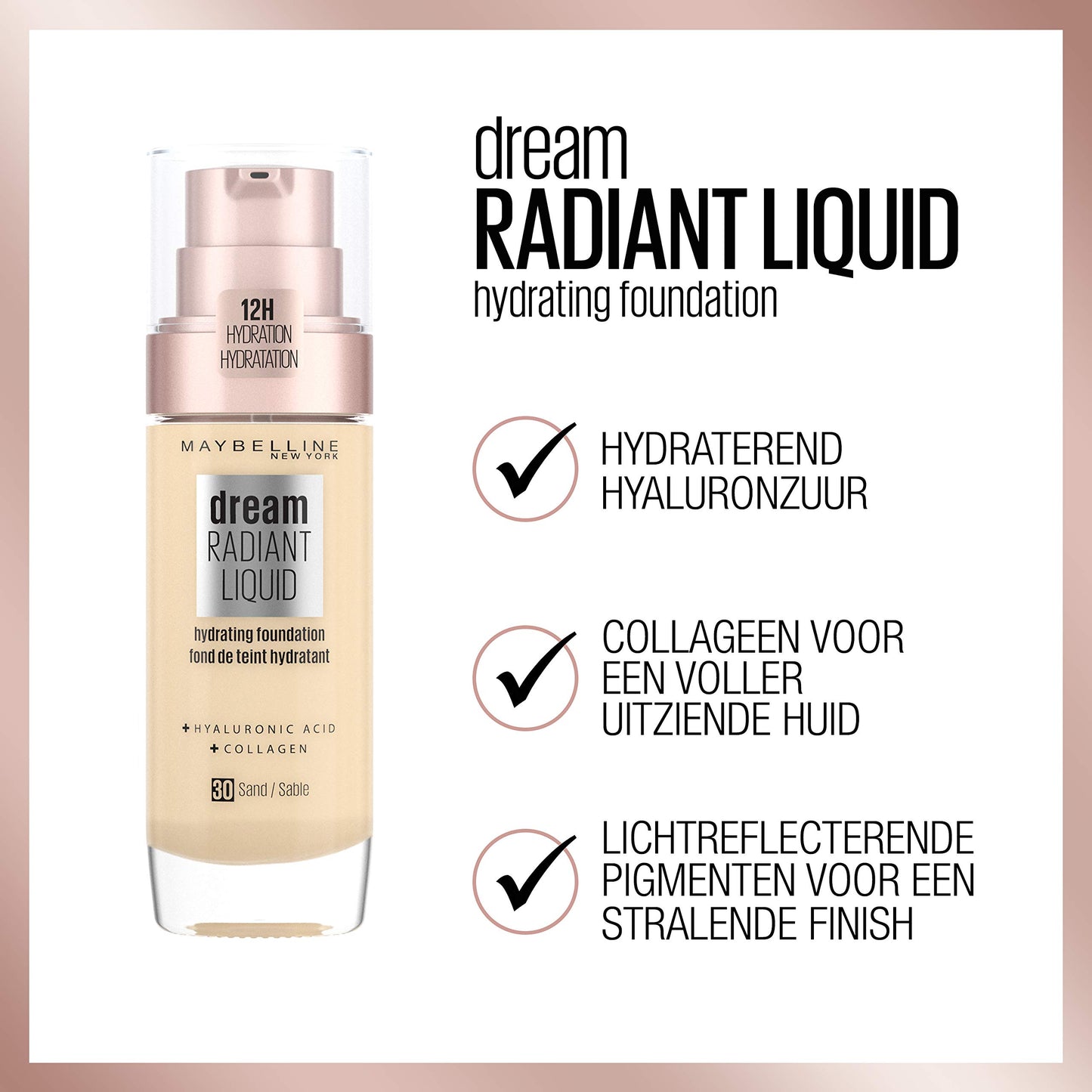 Maybelline Foundation, Dream Radiant Liquid Hydrating Foundation with Hyaluronic Acid and Collagen - Lightweight, Medium Coverage Up to 12 Hour Hydration - 30 Sand