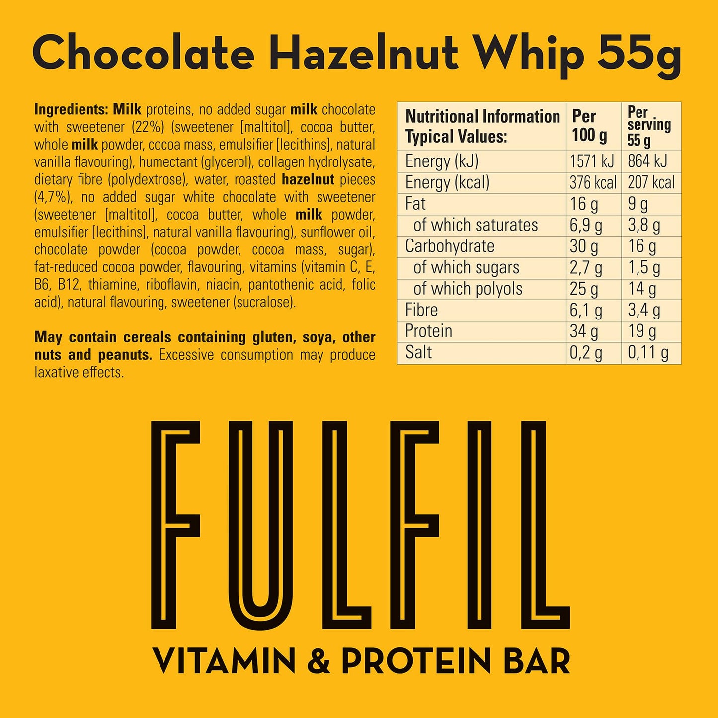 Fulfil Vitamin and Protein Bar (15 x 55 g Bars), Milk Chocolate Crunch Flavour, 20 g High Protein, 9 Vitamins, Low Sugar